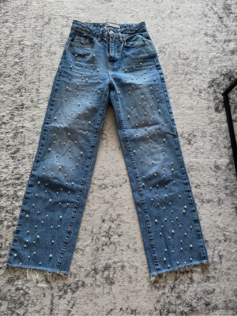 Pearl-Embellished Blue Women's Straight-Leg Jeans